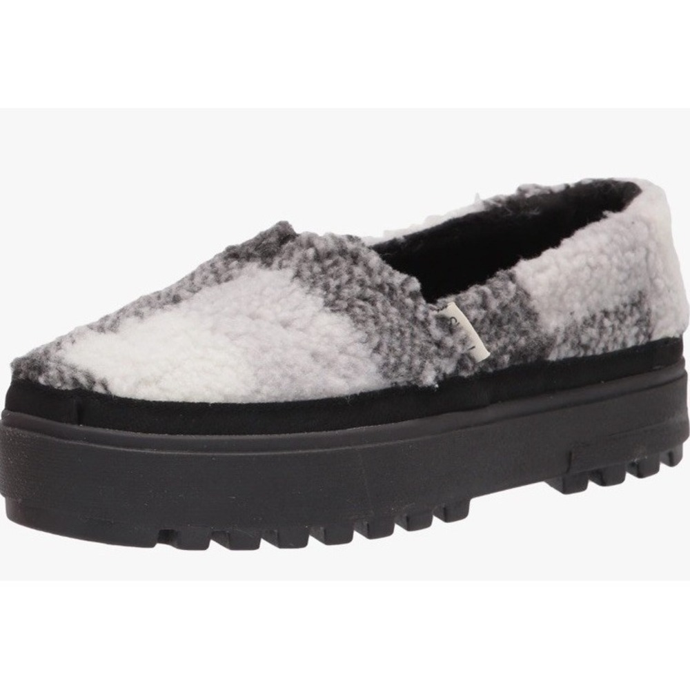 Tom's Womens Alpargata Slip On Lug Fur Platform Shoe Sherpa Shearling Plaid 9